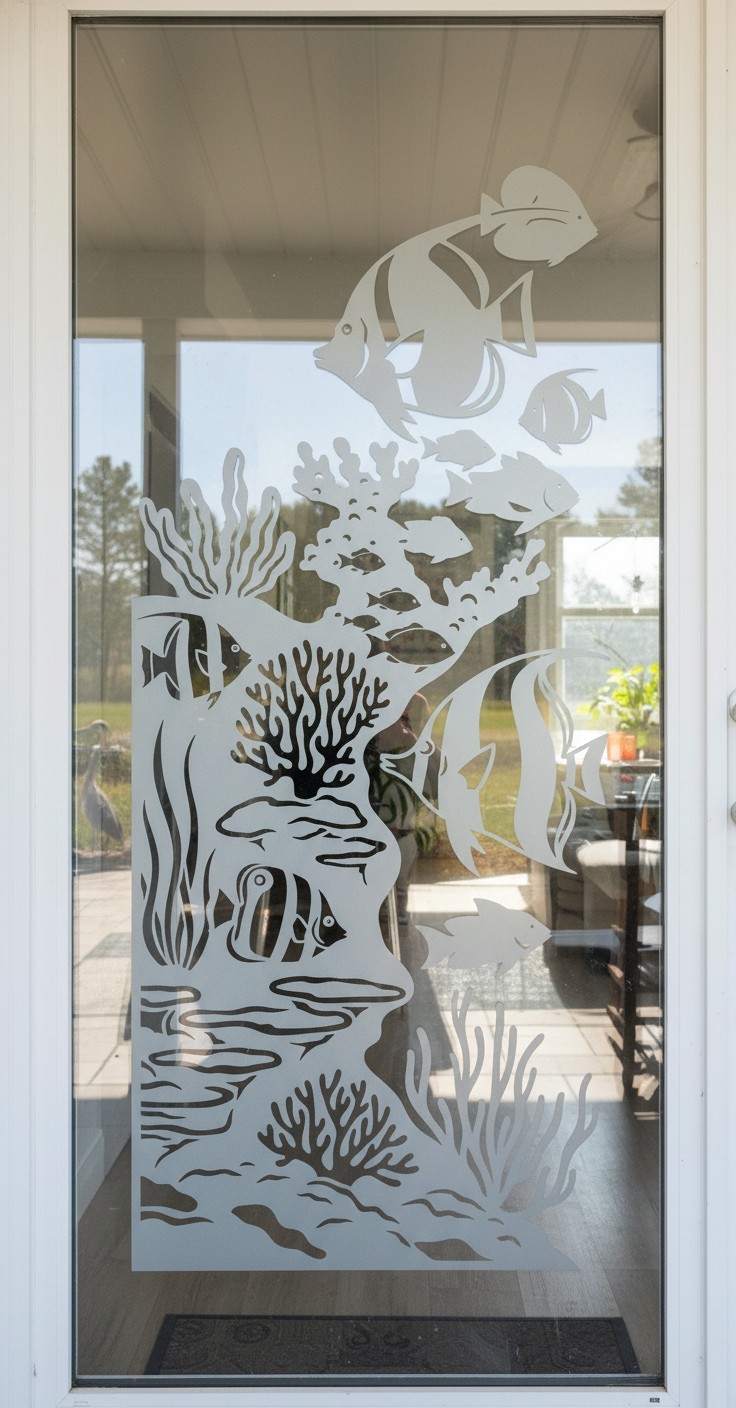 Reef Coral Toprical Fish Large Etched Glass Look Decal Shower Door Windows