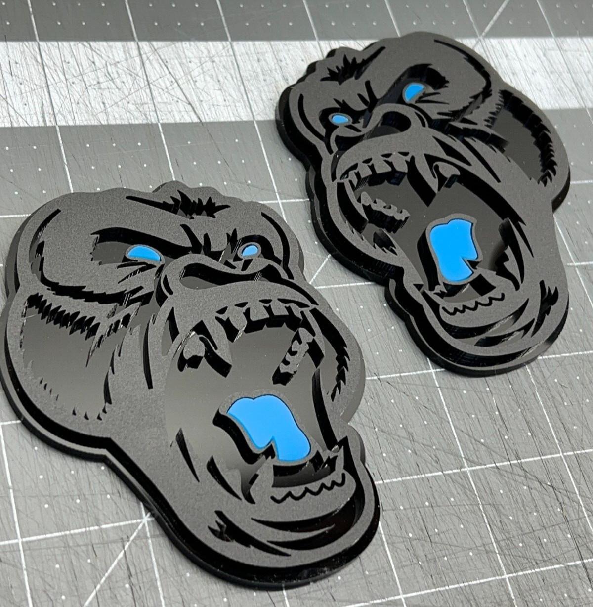 Angry Gorilla L-Blue Eye Car Truck Emblem Badge Matte Black Black Custom PK of 2