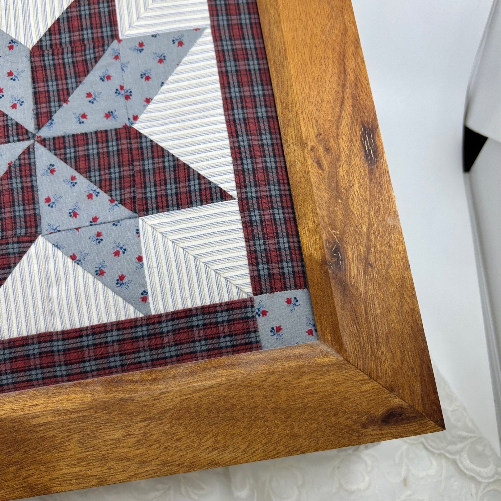 Vintage LeMoyne Star Quilt Block Square Wood Framed Art Country Cottagecore Farm