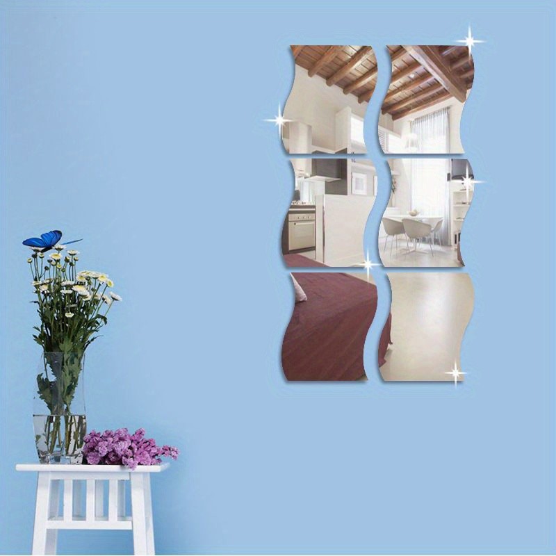 6Pcs/Set Self Adhesive Wavy Mirror Tiles Splicing Full Body Mirror Wall Ornament