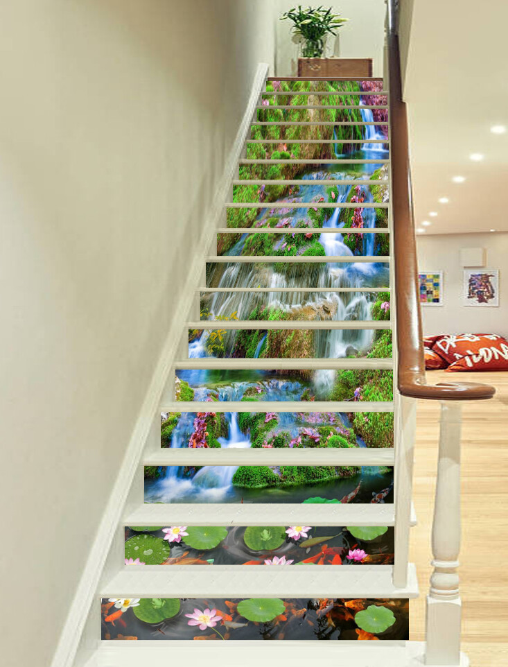 3D Waterfall Lotus AZ371 Stair Risers Decoration Mural Vinyl Wallpaper Kay