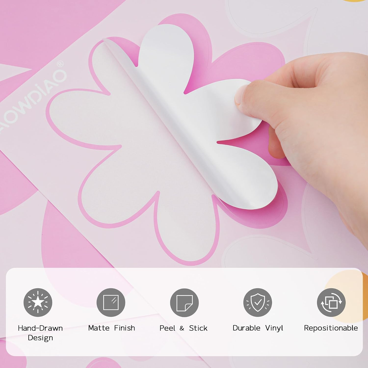 Large Daisy Wall Decals – 52 Pcs Pink Peel and Stick Flower Wall Stickers for Be