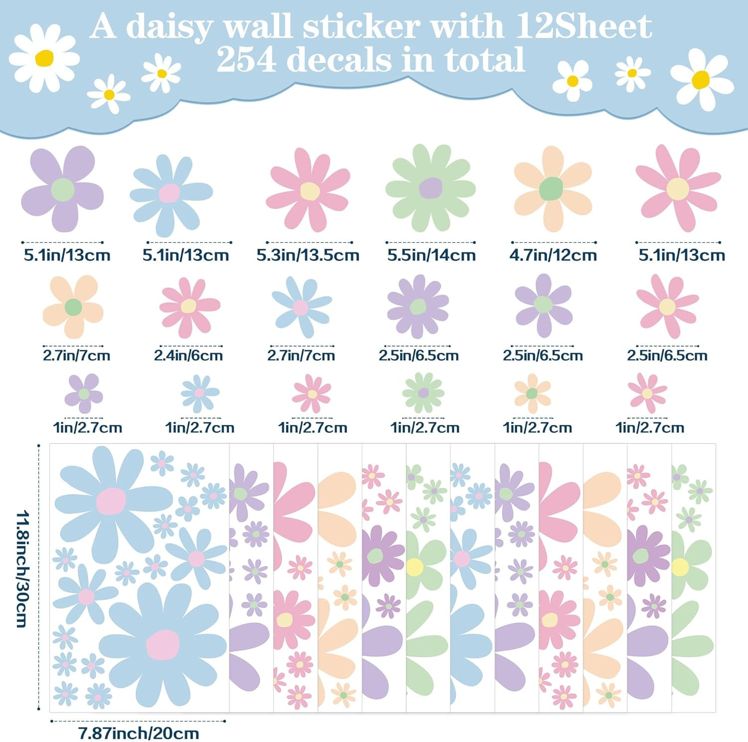12 Sheets Daisy Wall Decals Boho Flower Stickers Cute Kids Girls Red