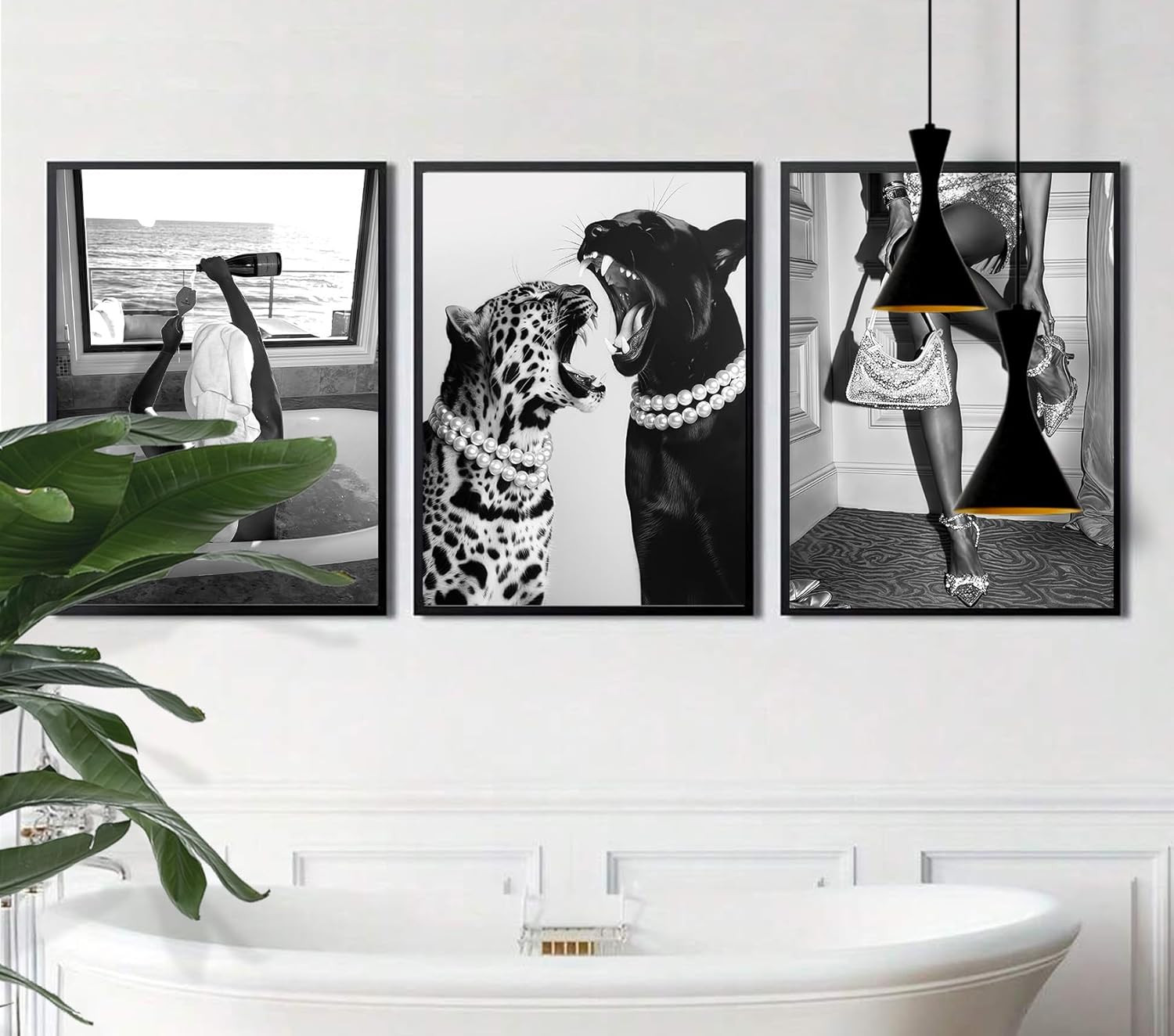 3 Pcs Fashion Leopard Print Posters Paintings Funny Woman Drinking in Bathtub Pa