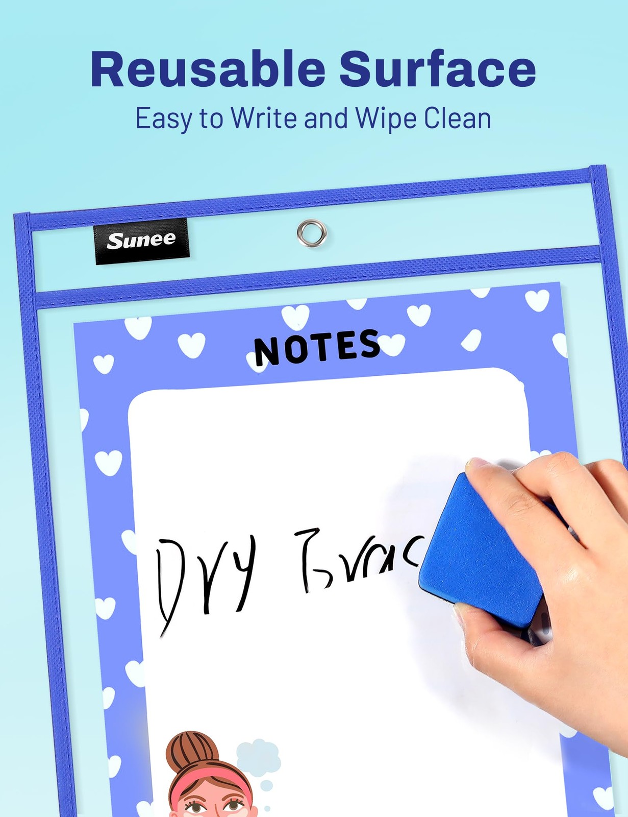 SUNEE 6 Packs Oversized Reusable Dry Erase Pocket Sleeves with Binder Ring, 6 As