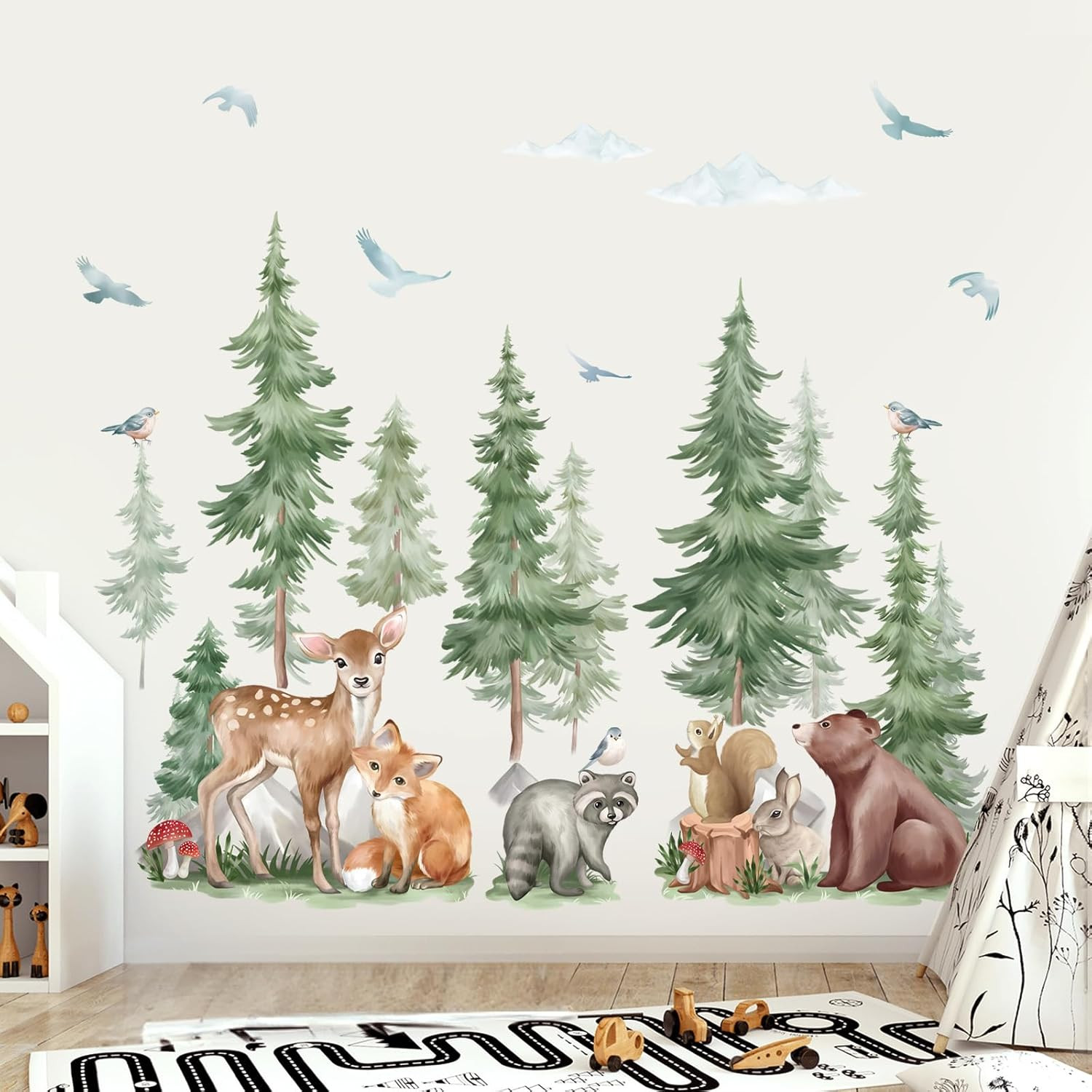 Mountain Tree Wall Stickers Large Pine Tree Forest Animal Bear Fox Peel and Stic