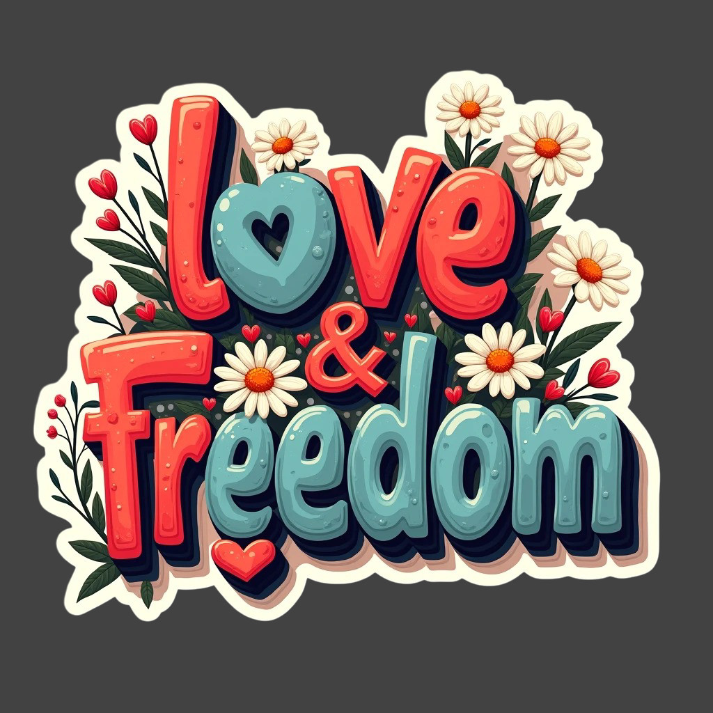 Love & Freedom Sticker Vinyl Decal Retro Patriotic USA Floral Typography