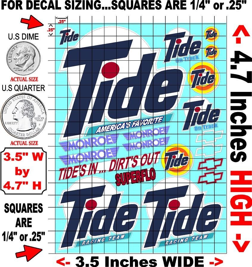 White Vinyl Sticker Sheet Tide -R/C MODEL Decal fits 1/24-1/16 Scale DIE-CUT los