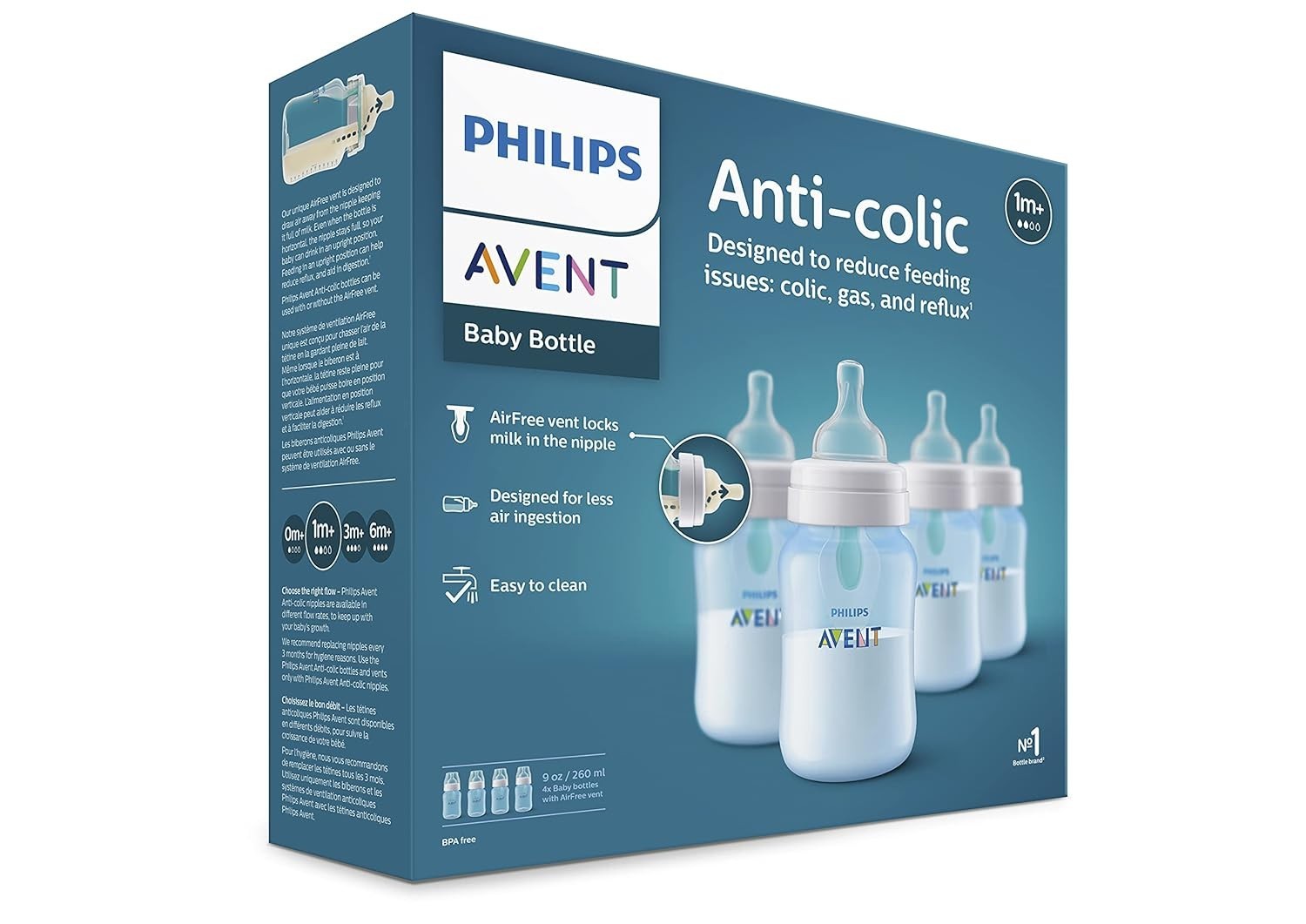 Anti-Colic Bottle with AirFree Vent, 9oz, with Flow 2 Nipples, 1m+, 4pk, Blue, S