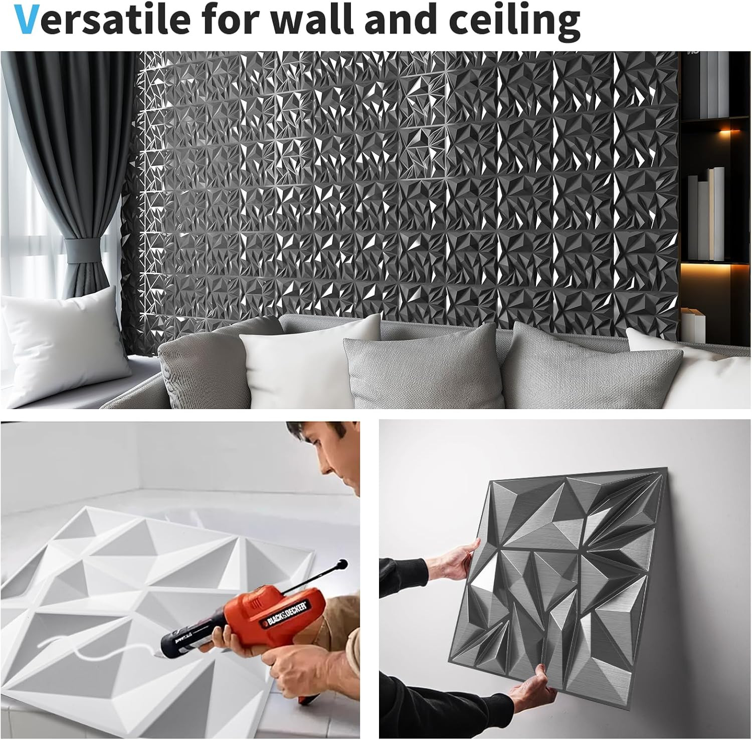 33-Pack 3D Diamond Wall Panels – Silver for Gaming & Living Room Decor