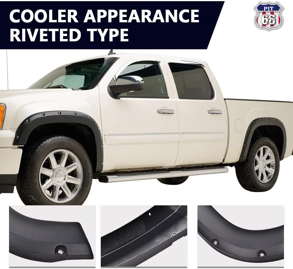 4Pcs Fender Flares Rugged Pocket Riveted Style for 2007-2013 GMC Sierra 1500