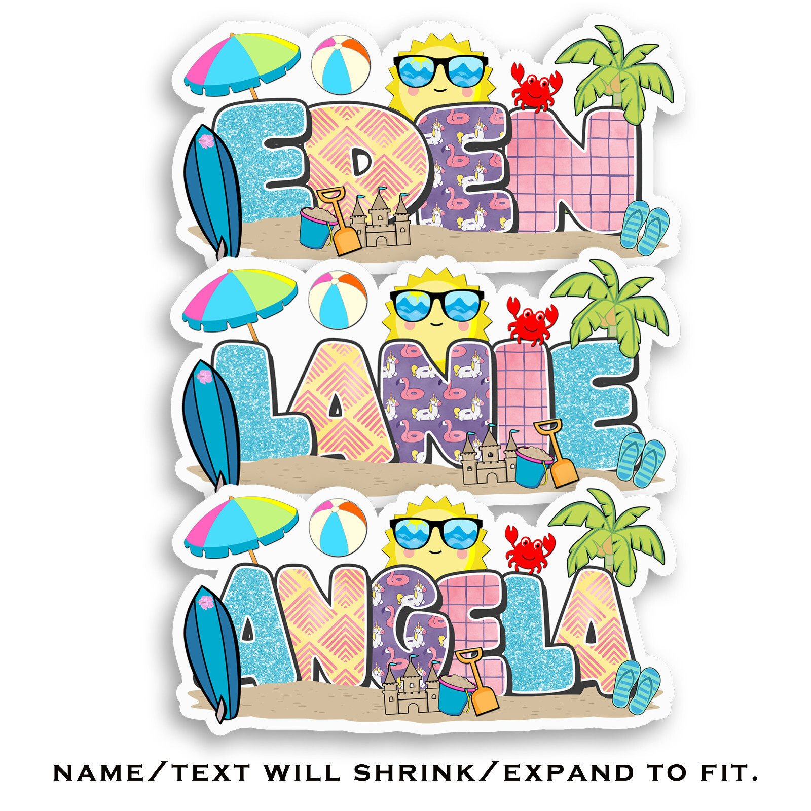 Custom Name Stickers • Waterproof Vinyl • Beach Theme • Cute Summer Party Gift