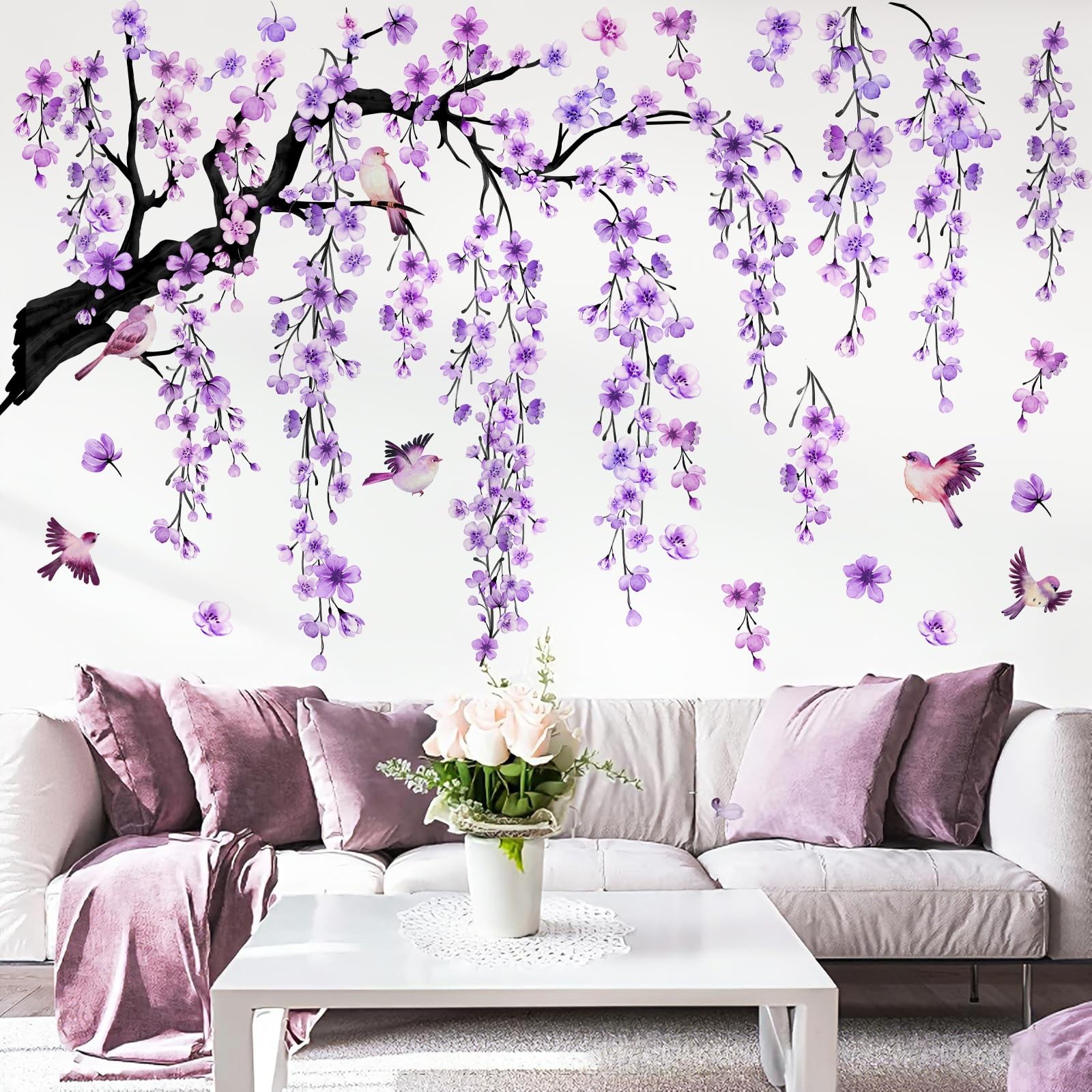 Purple Cherry Blossom Branch Wall Stickers Large Right-Extending Floral Bird …