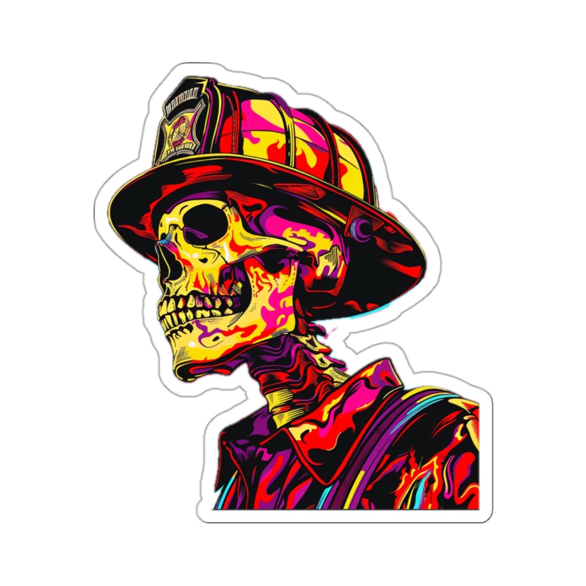 Psychedelic funky multi colored firefighter hero skeleton kiss-cut sticker