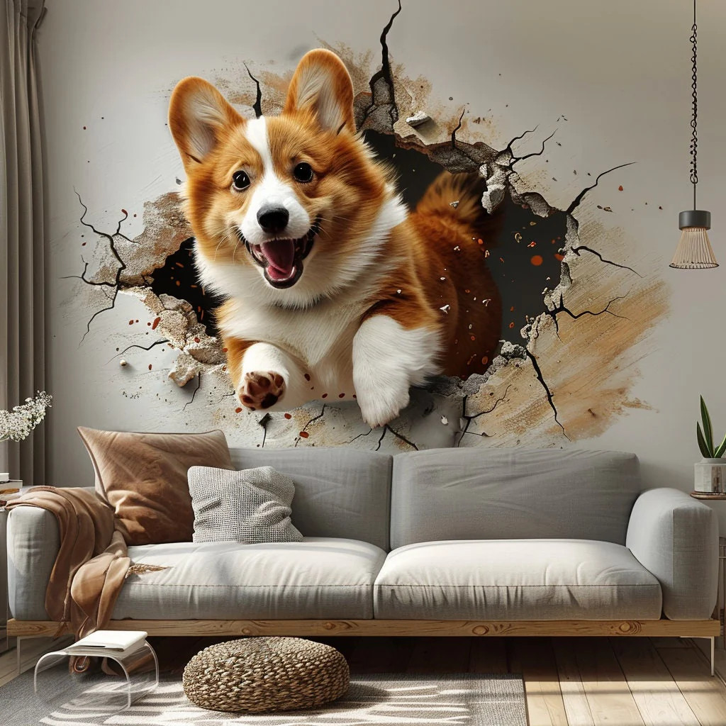3D Corgi Dog Wall Decal – Playful Pet Sticker – Realistic Corgi Jumping Through