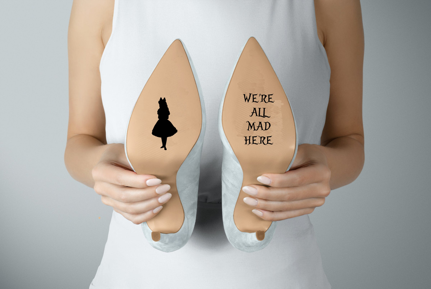 Alice in Wonderland "We're All Mad Here" Wedding Shoe Decal Stickers #101