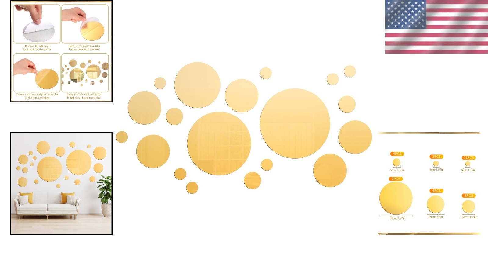 Gold Acrylic Mirror Wall Stickers – Set of 32