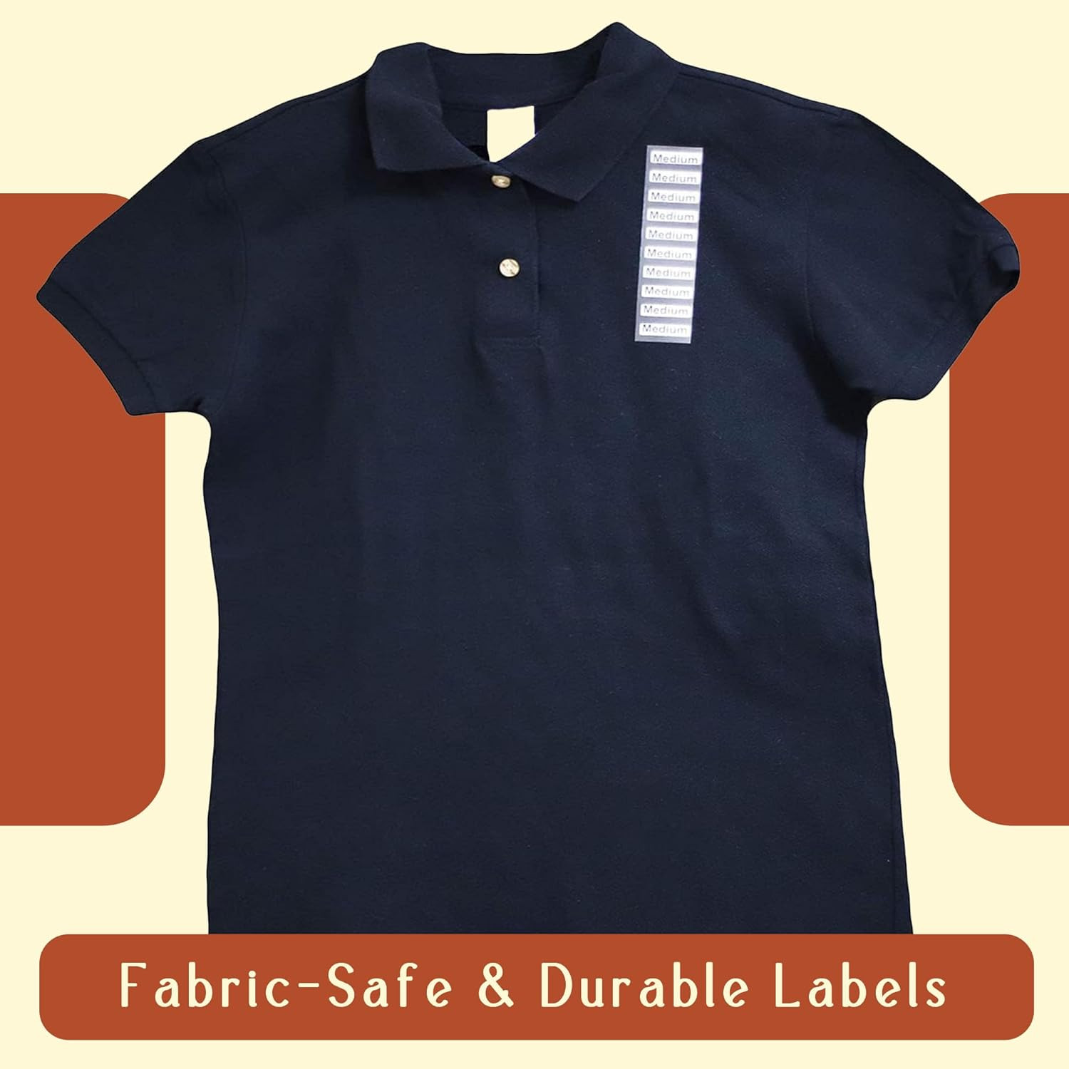 Medium Clothing Labels – Clear Size Strip Stickers with Black Text, 1.25 X 5 Inc