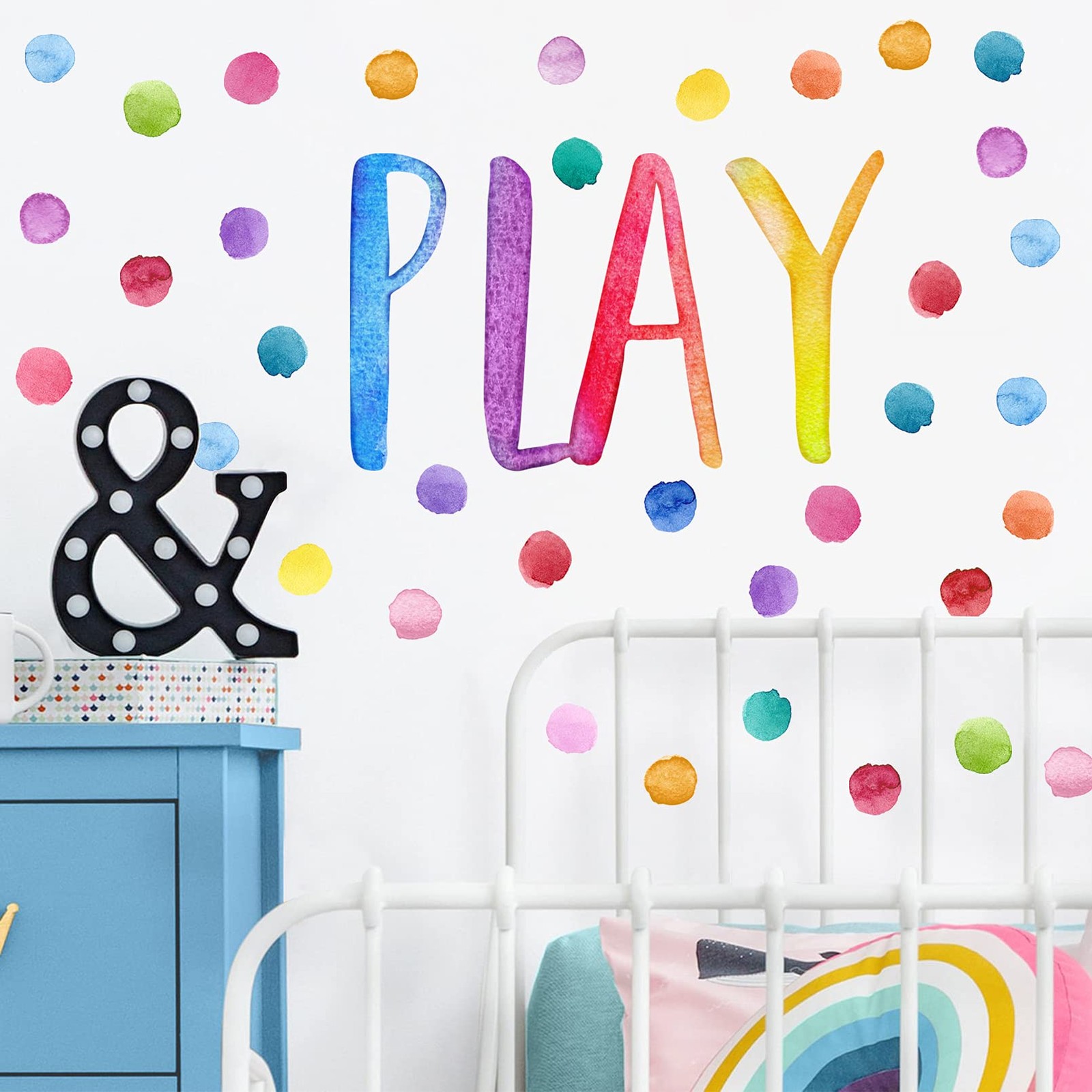 Playroom Polka Dots Wall Decals Stickers, Play Sign Peel and Stick Neutral Nu…