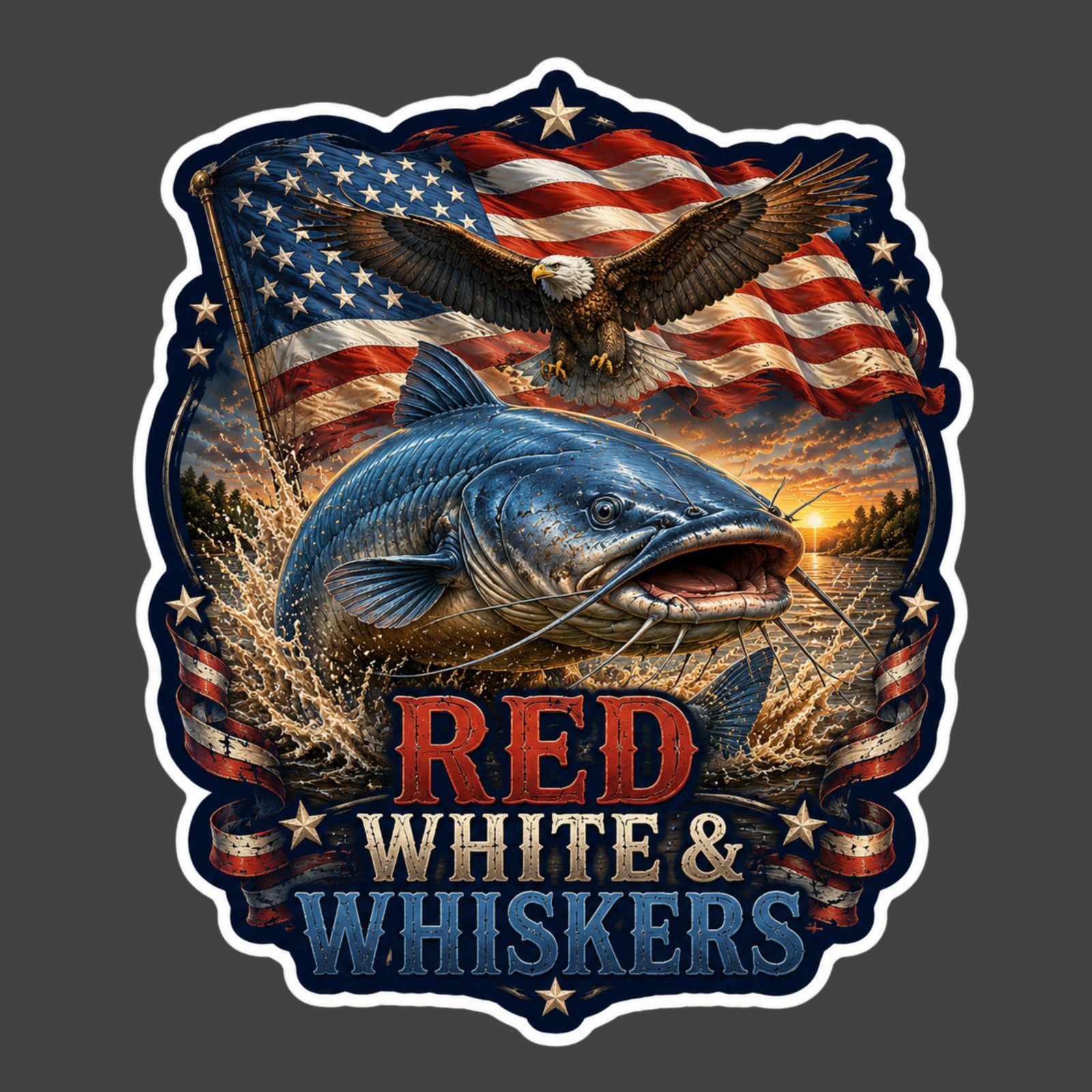 Catfish Sticker Vinyl Decal Red White & Whiskers Patriotic Fishing American Flag