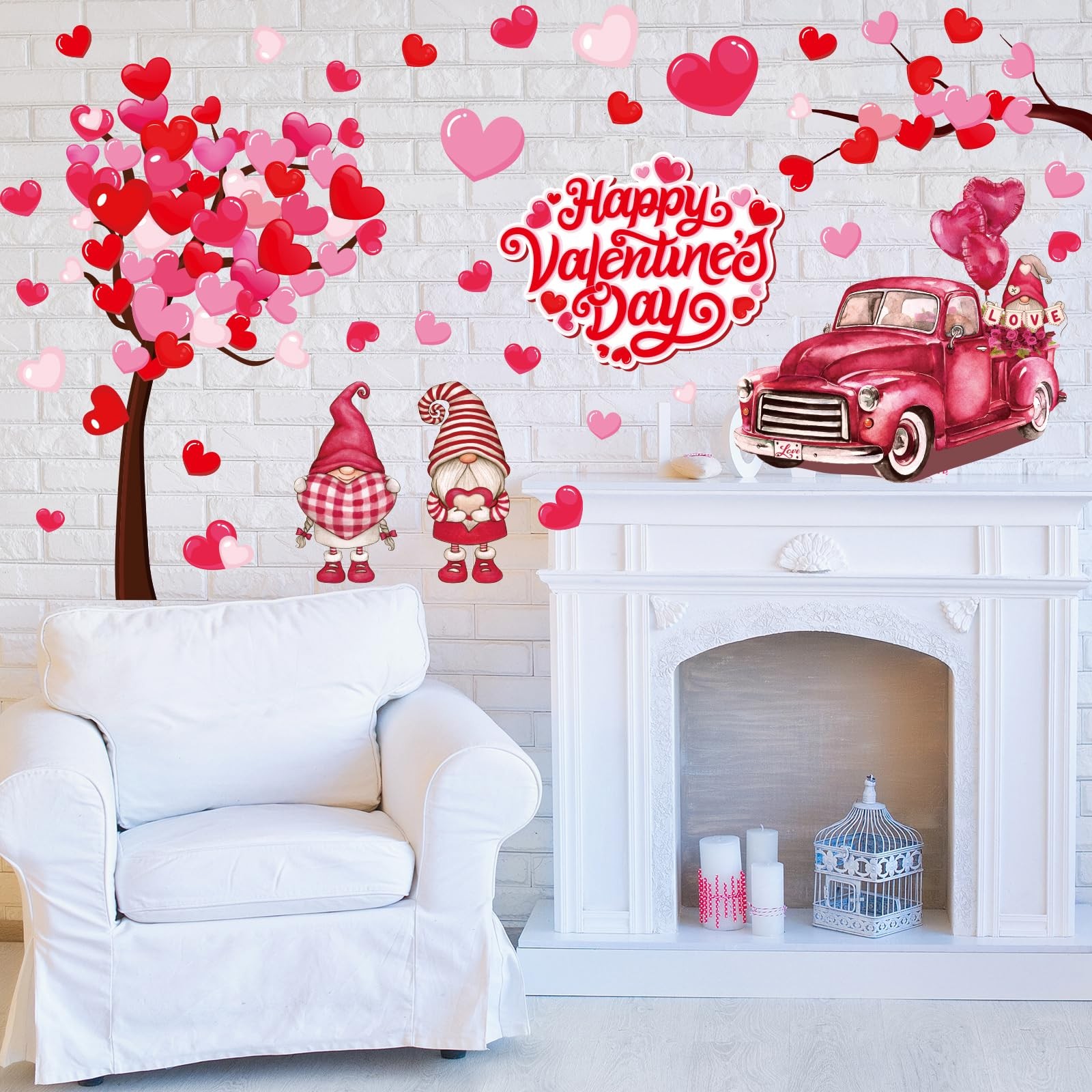 35.4 x 11.8 Inch Valentine's Day Heart Tree Wall Stickers Pink Red Gnome Truck L