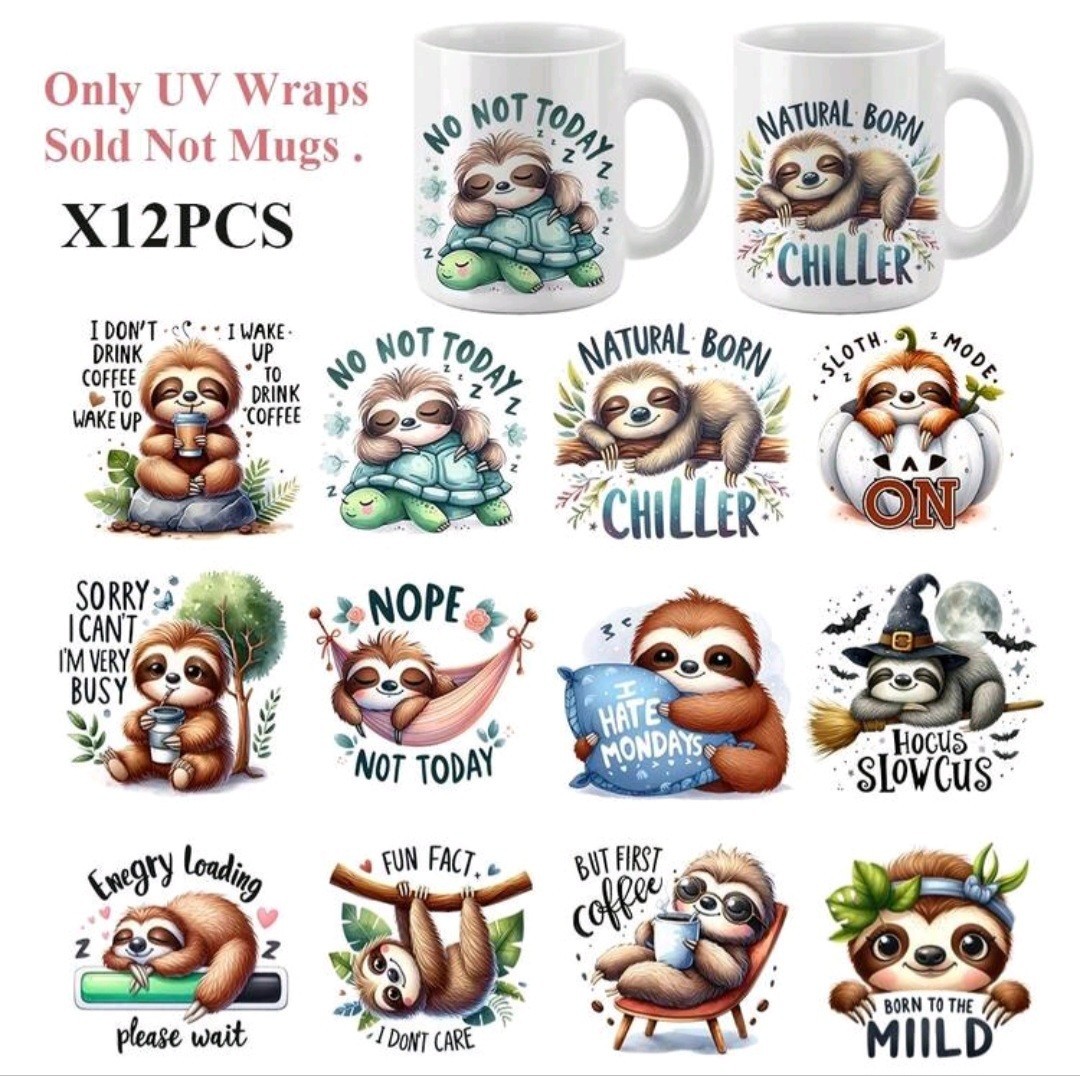 12pcs/Set Sloth Cartoon Vinyl Decal Stickers Waterproof 5.8cm for Coffe Mugs