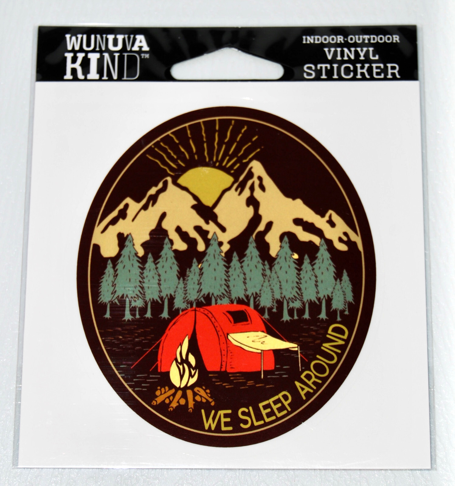 Lot of 4 Wunuva Kind Indoor-Outdoor Brown WE SLEEP AROUND Camping Vinyl Sticker