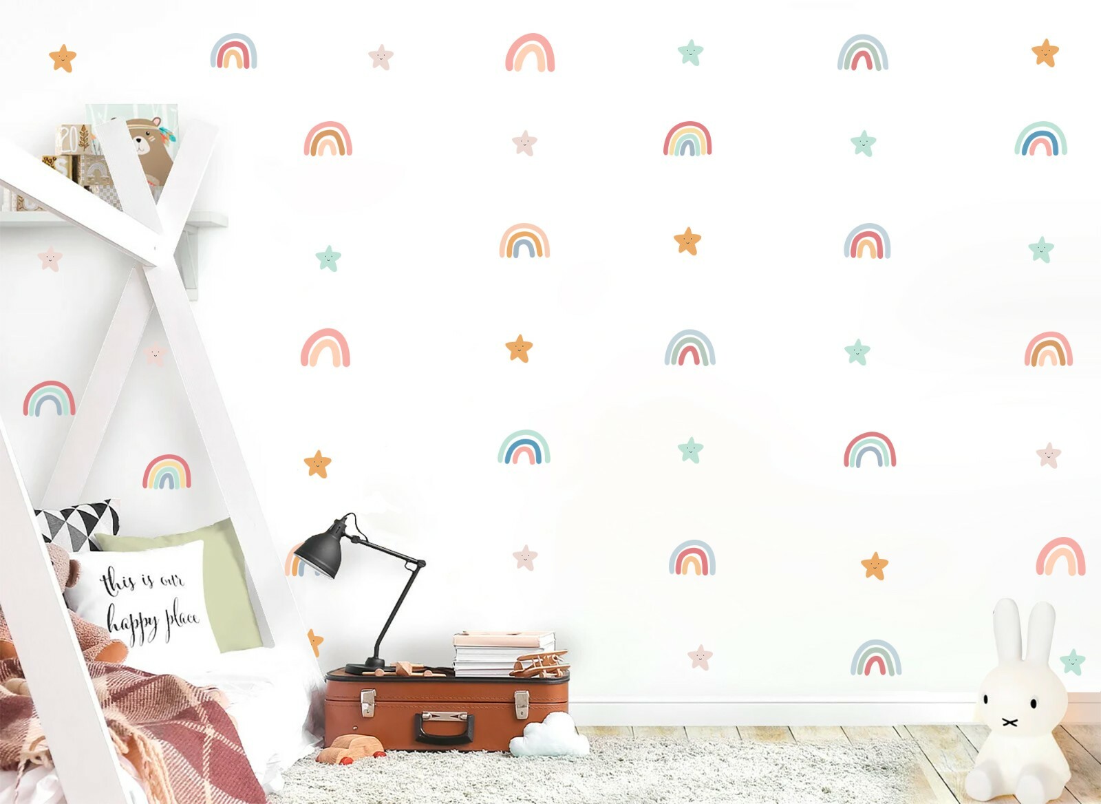 Rainbow Stars over Bed Removable Wall Fabric Decal Set Sticker Baby Gift Decor