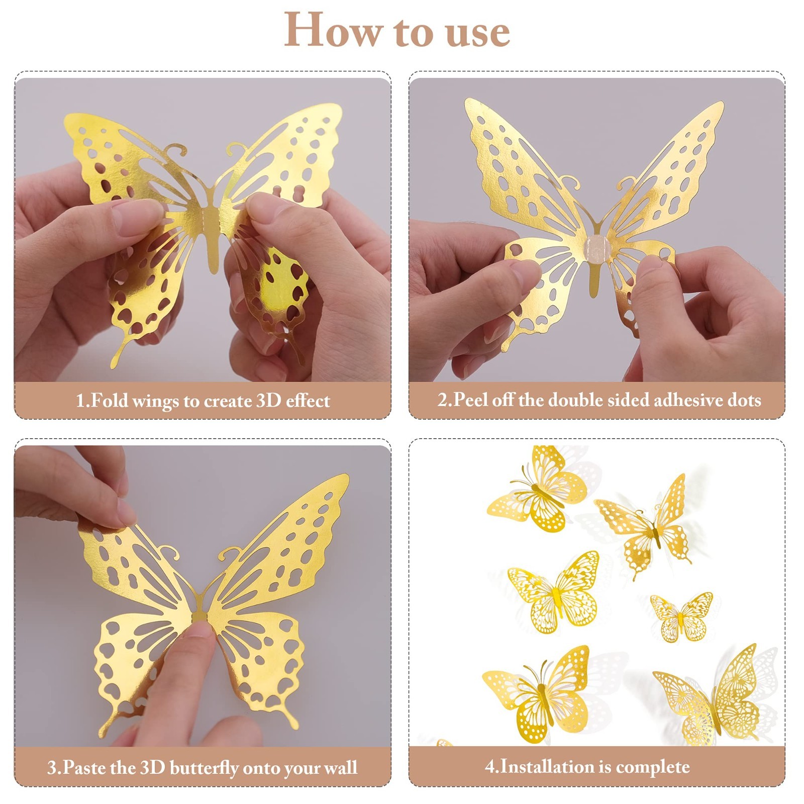 48 Pcs 3D Butterfly Wall Decor – Gold Decorations for Birthday & Party, Removabl