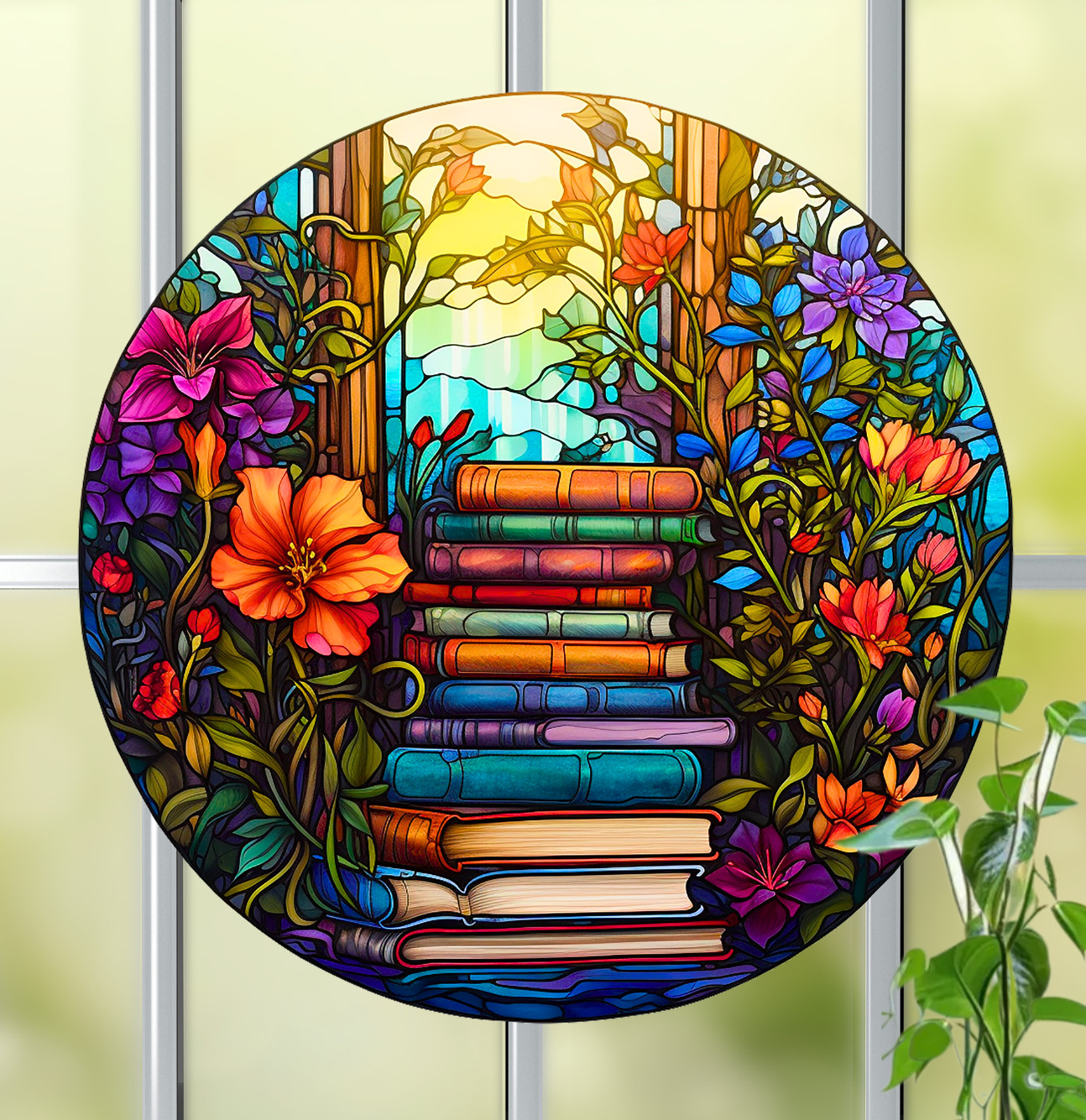 Books & Flowers Faux Stained-Glass WINDOW CLING Size 8" Round Vinyl