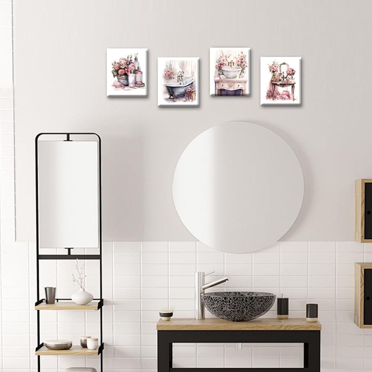 Pink Wall Art Prints Bathroom Wall Decor,Floral Framed Art Posters Girls Bedr…