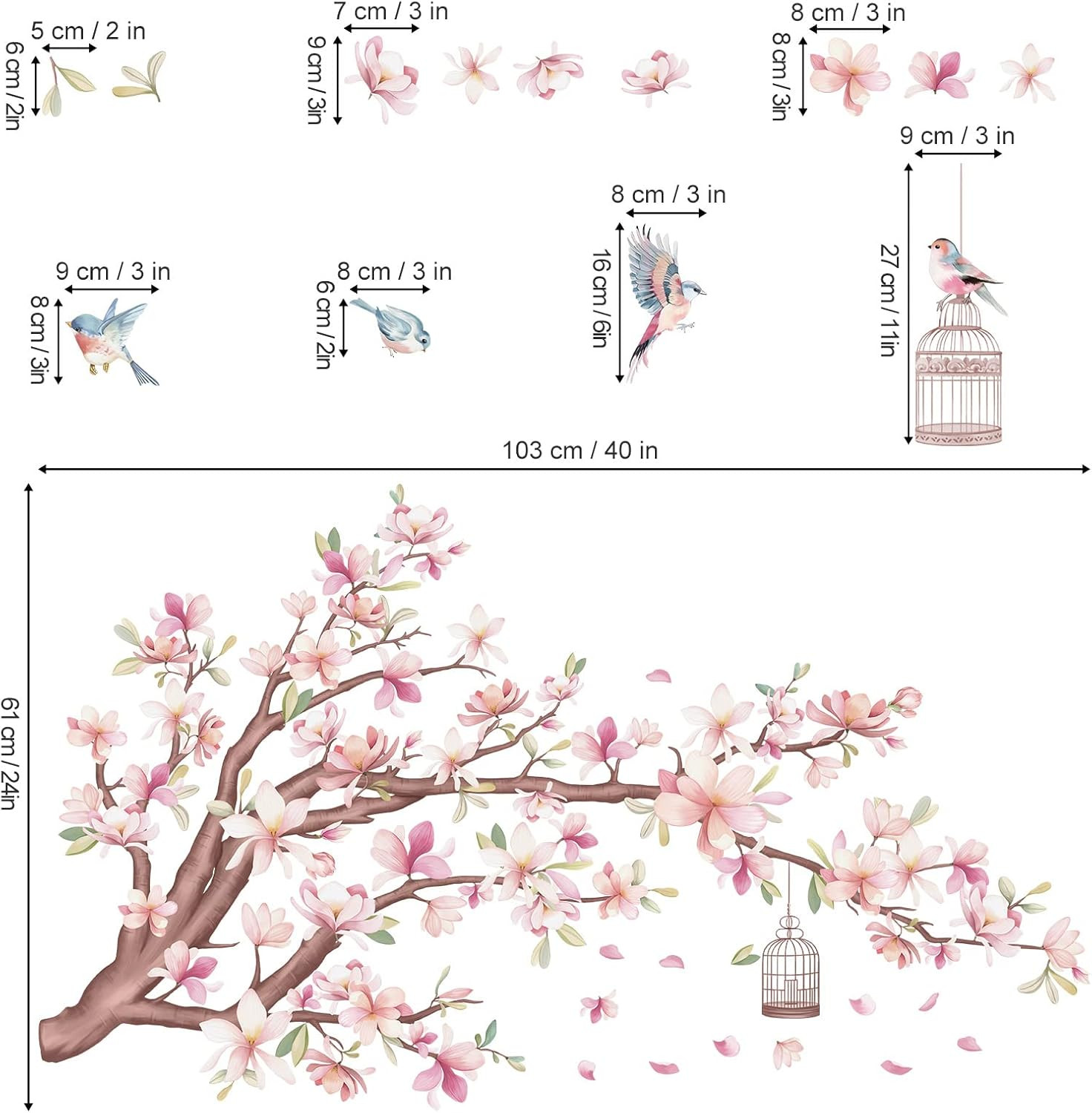 Cherry Blossom Flowers Wall Stickers Pink Magnolia Floral Tree Branch Birds Peel