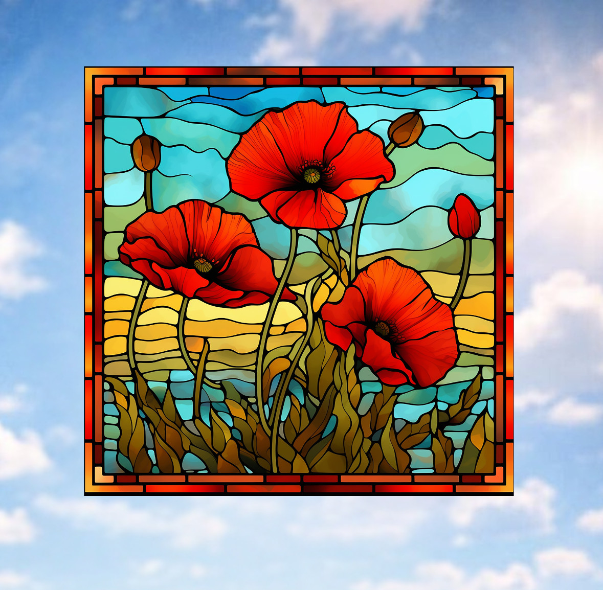 Poppy Faux Stained-Glass WINDOW CLING Size 10.6" Arch Shape ~ Vinyl