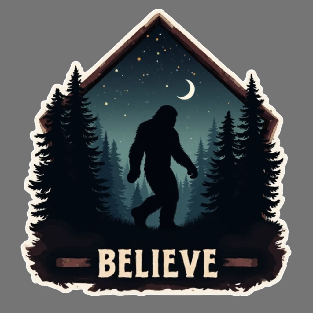 bigfoot sticker vinyl decal forest walking believe rustic pine tree outline