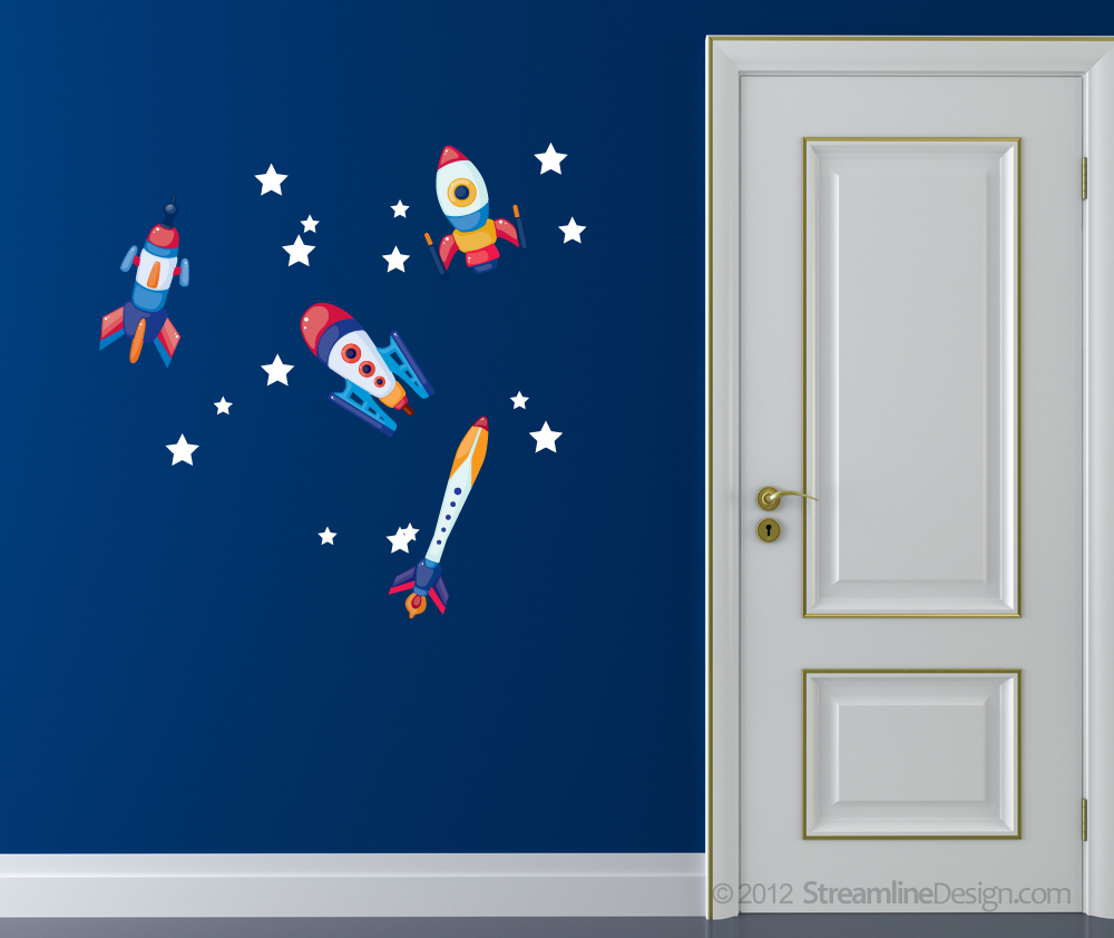 Printed Rockets with Stars Removable Matte Vinyl Wall Art – Set Two outer space