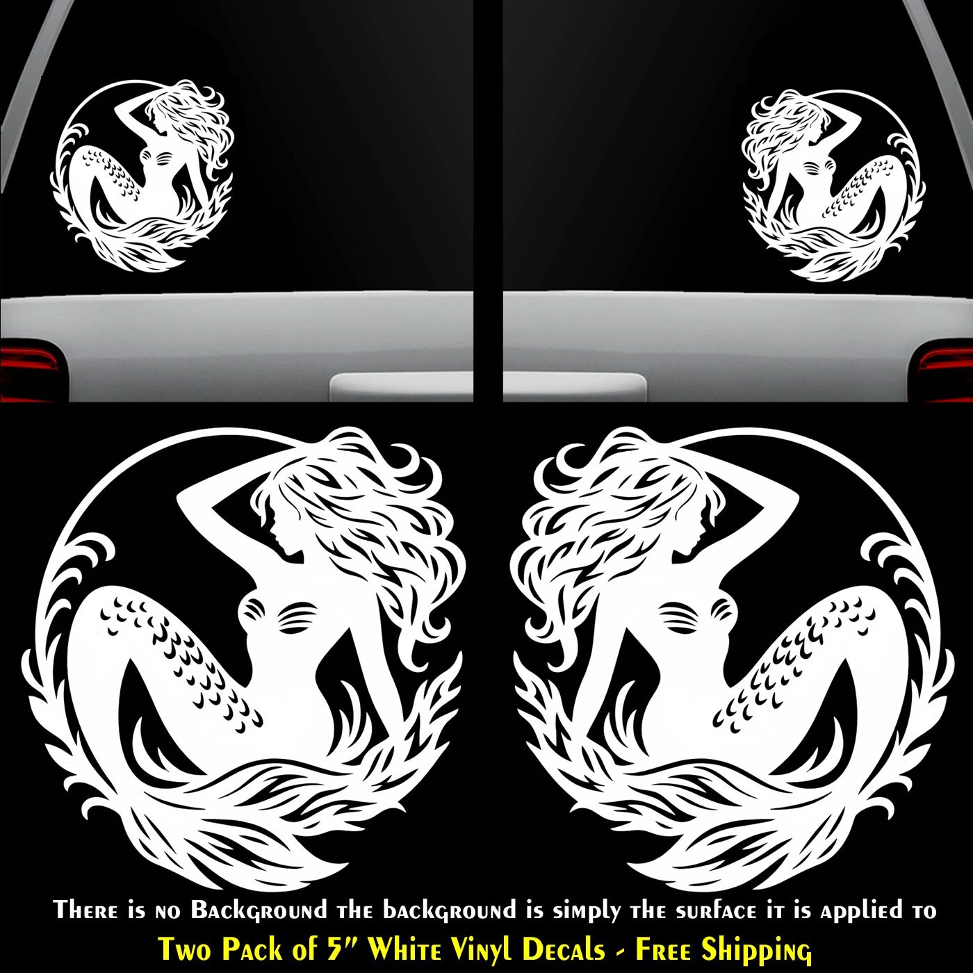 Mermaid Graphic Two Pack 5" White Vinyl Decals Car Door Any Flat Surface