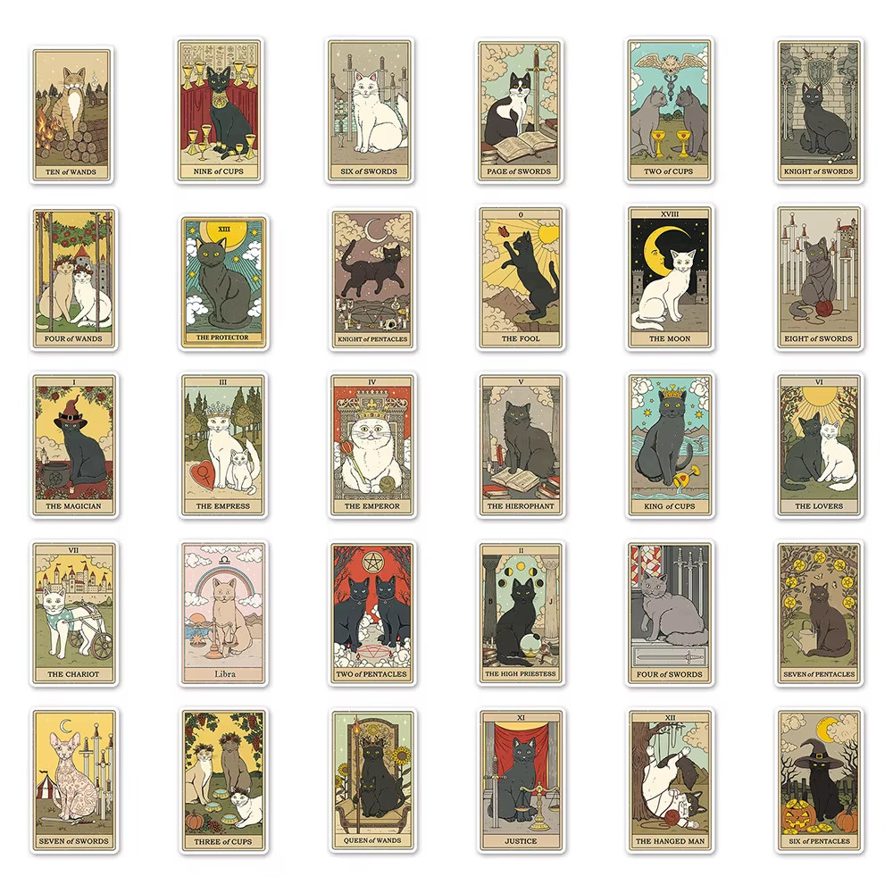 Vintage Cat Tarot Stickers – Funny PVC Decals for DIY Decor & Gifts (10-78PCS)