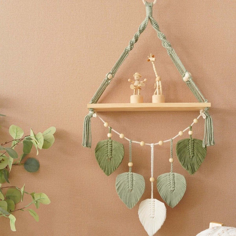 Green Woven Wall Shelf for Plants Bohemian Macrame For Living Room Decor