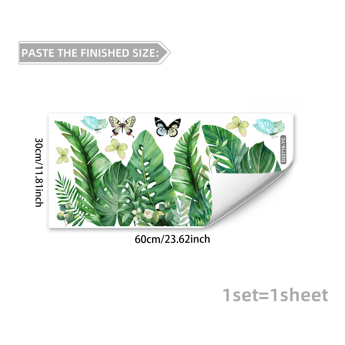 Green Botanical Butterfly Static Cling Window Sticker 11.81 x 23.62 in
