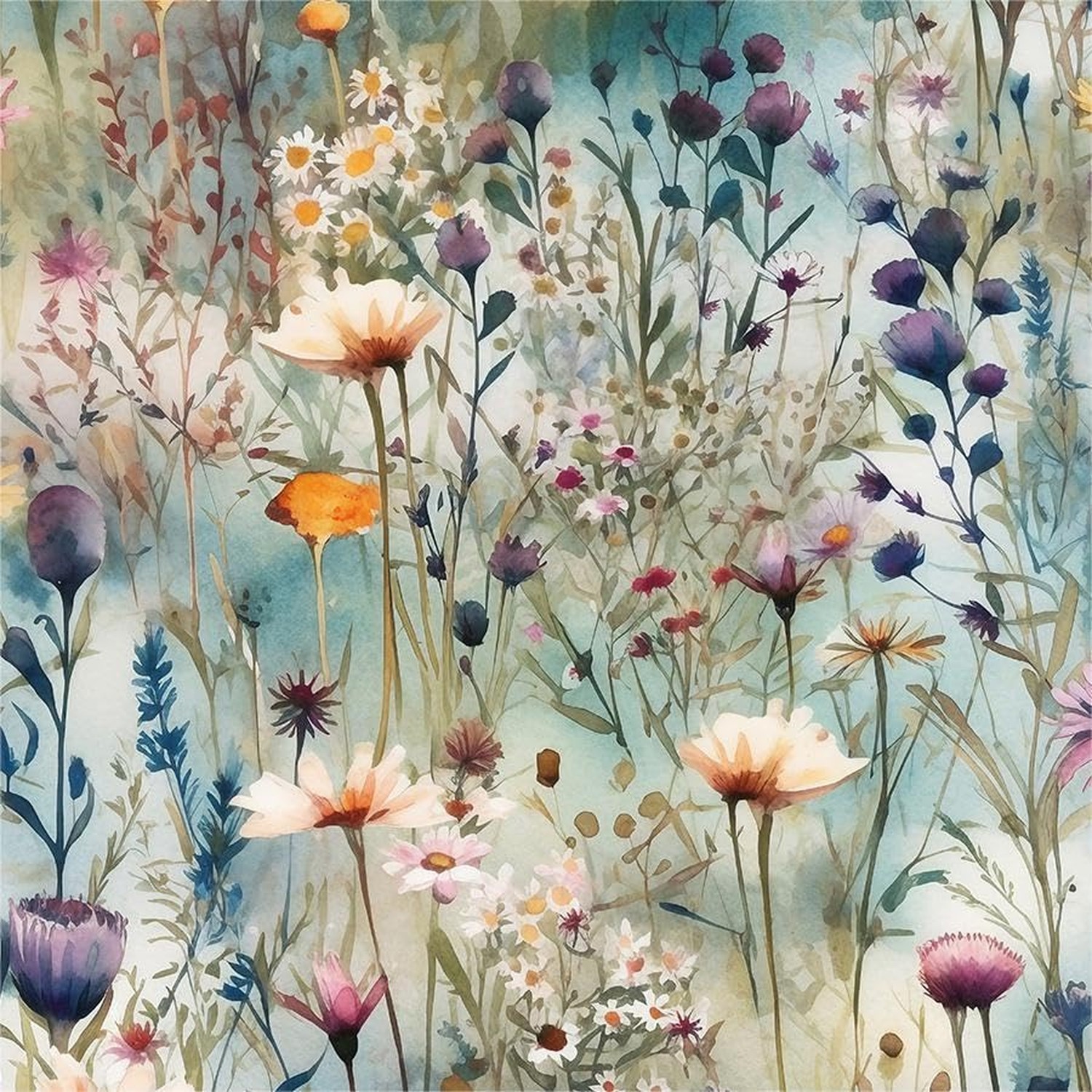 Watercolor Blue Green Purple Beige Wildflower Peel and Stick Wallpaper Wall D…