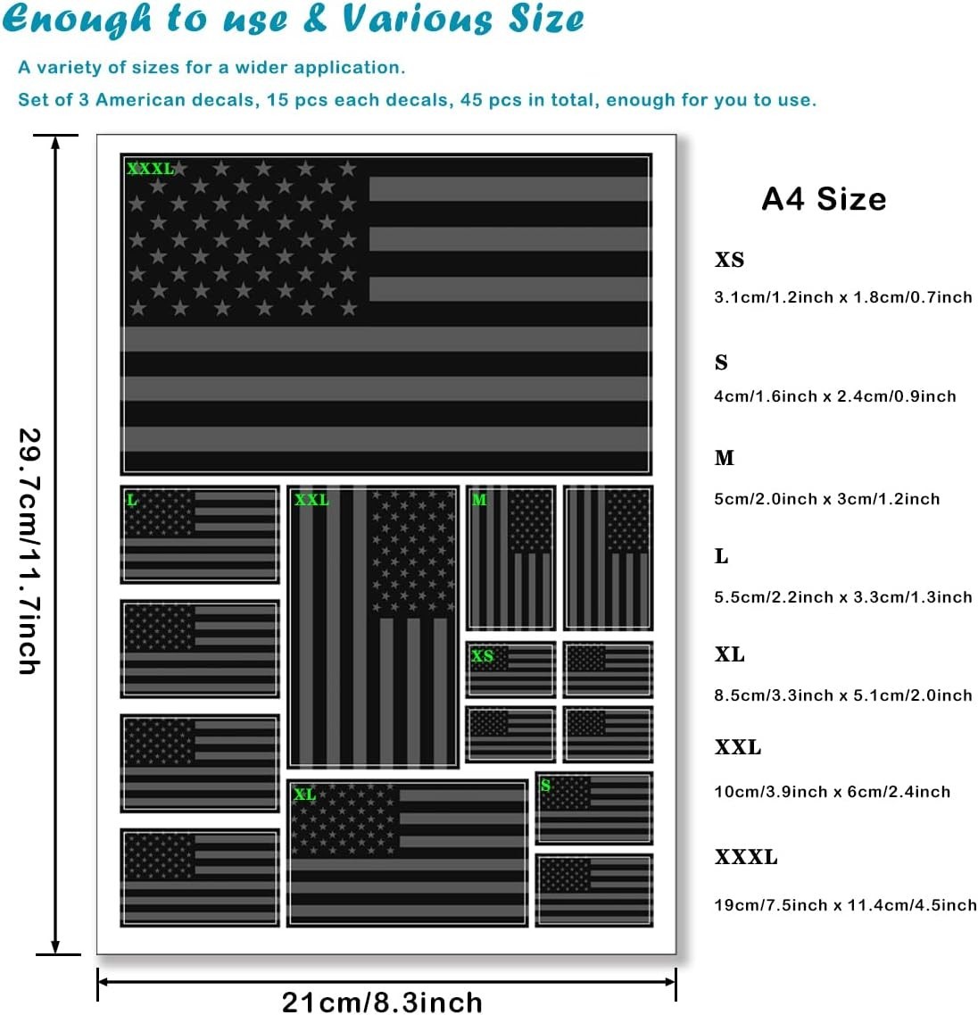 Black American Flag Sticker Decal in Multiple Sizes, 3 Pack, 11.7 x 8.3 Inches