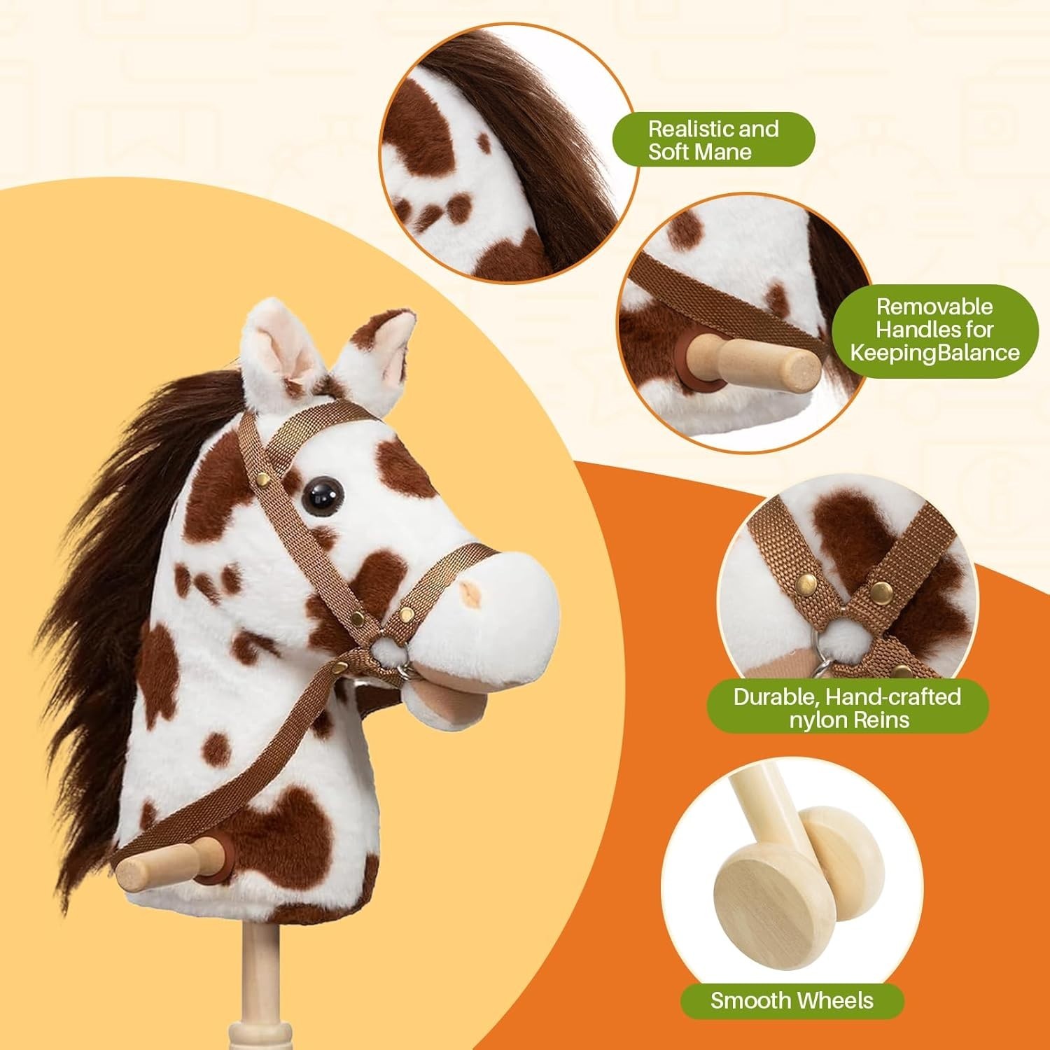 Stick Horse Plush Handcrafted Hobby Horse on a Stick with Wood Wheels Real Pony