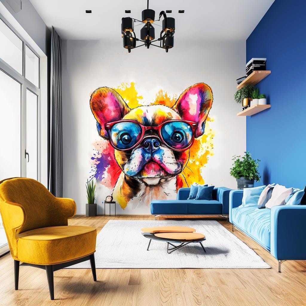Vibrant Baby French Bulldog Wall Decal with Colorful Sunglasses | Watercolor