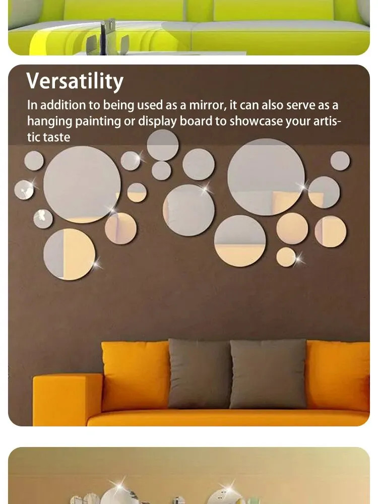 26 PCs 3D Acrylic Mirror Wall Sticker Round DIY Home Decor