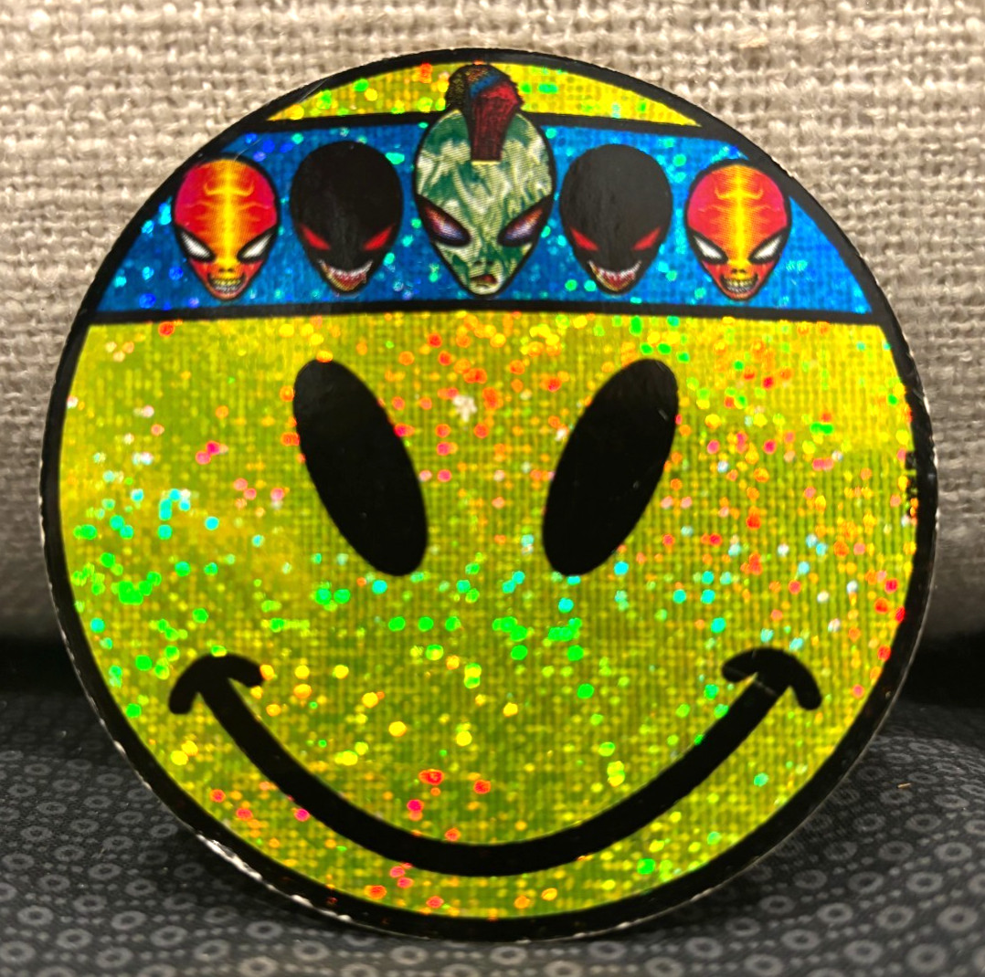 Vintage! Smiley Face with Alien Head Headband! ~Sticker ~Yellow Prism Glitter 3"
