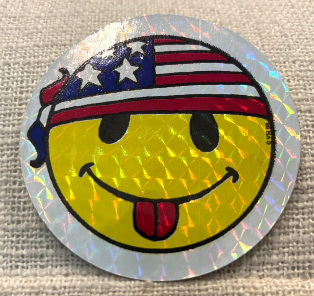 Vintage! Smiley Face with American Flag Bandana Sticker ~Yellow Prism Glitter 3"