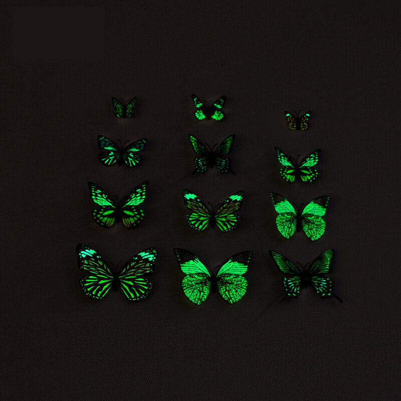 12Pcs 3D Butterfly Glow in The Dark Decal Wall Magnetic Sticker Home Mural Decor