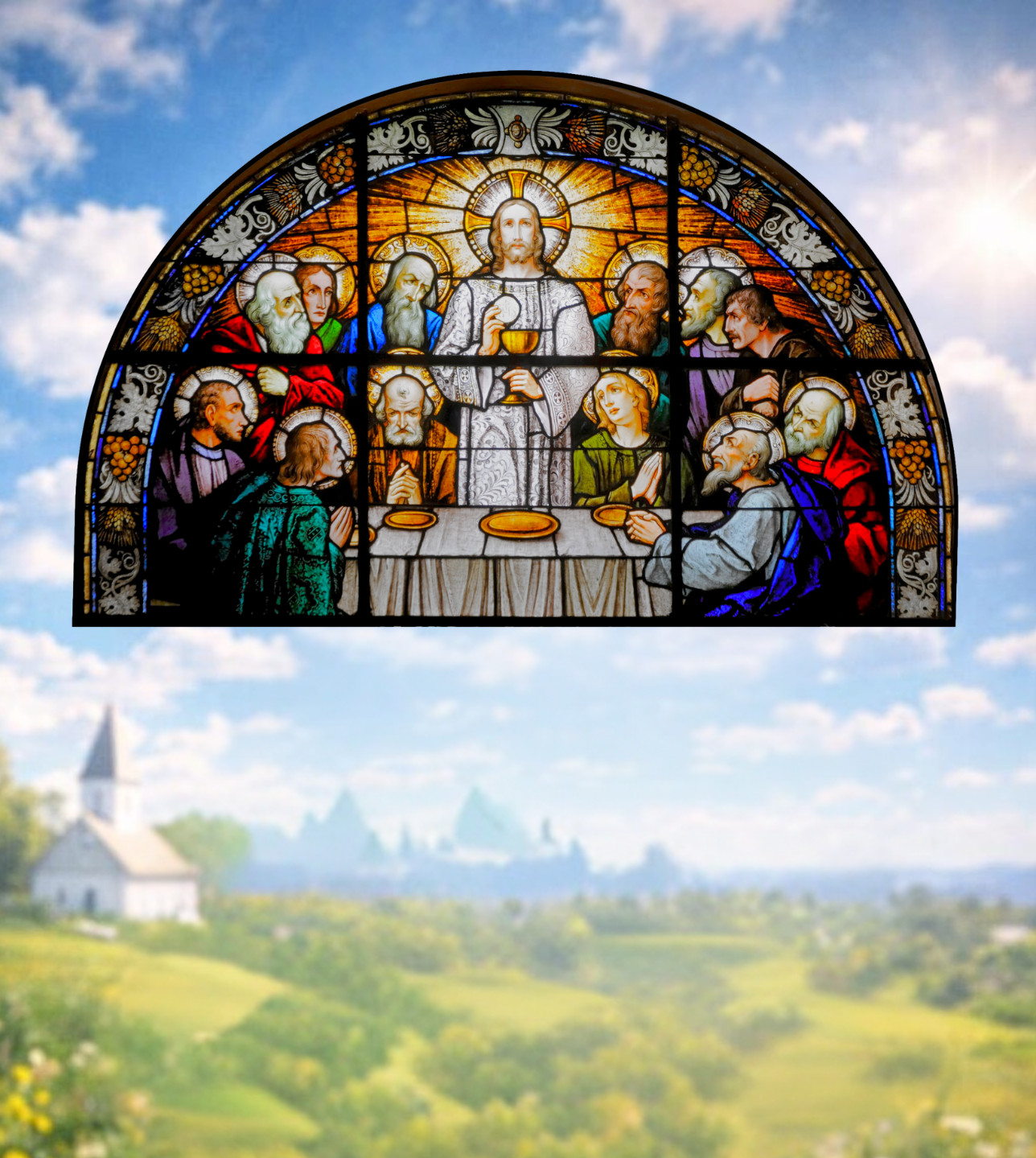 Jesus, The Last Supper Faux Stained-Glass WINDOW CLING Size 10.6" Vinyl Arch