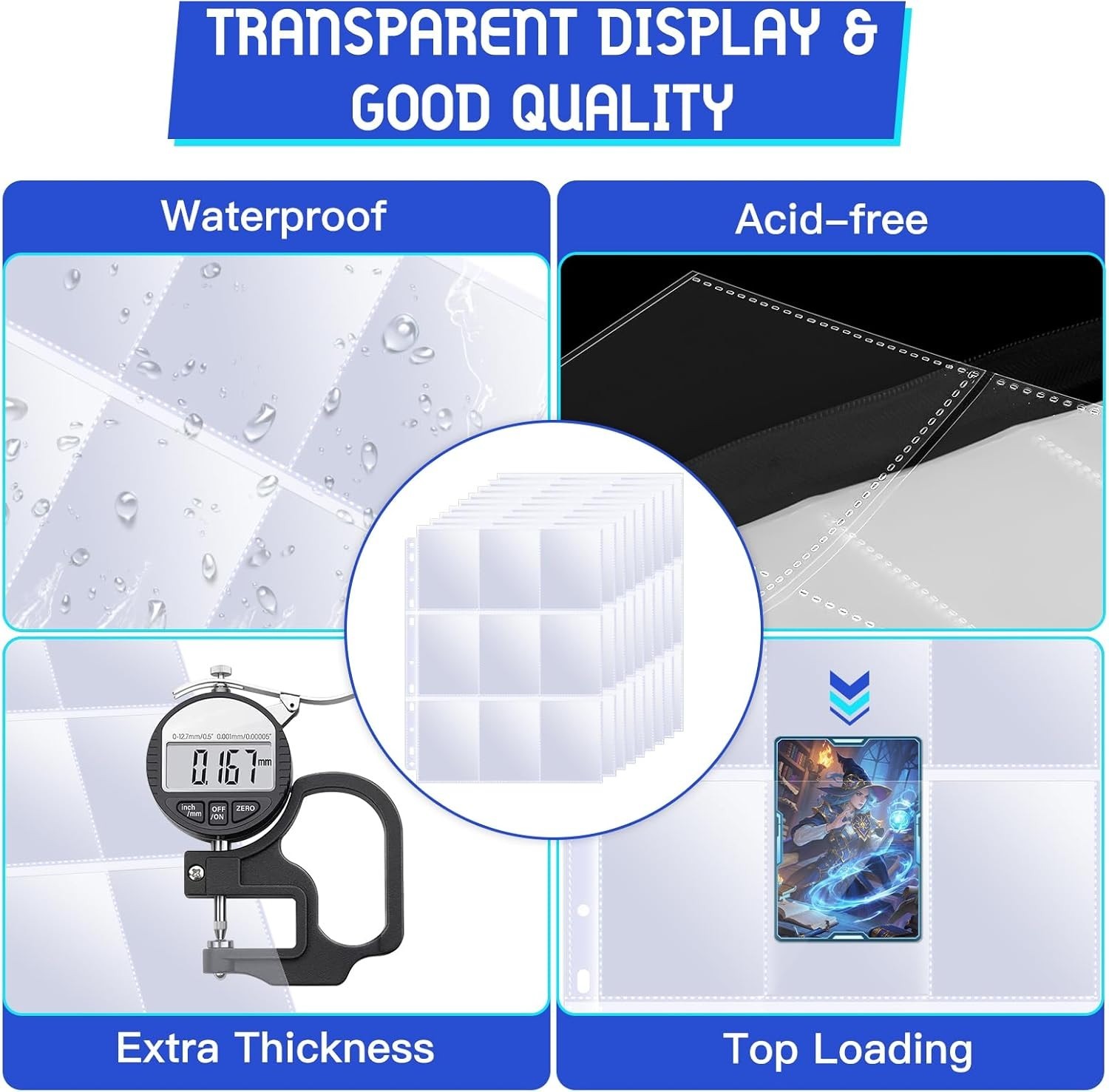 500 Pack Trading Card Sleeve Pages,9 Pockets Double Sided Binder Sheets for 3 Ri