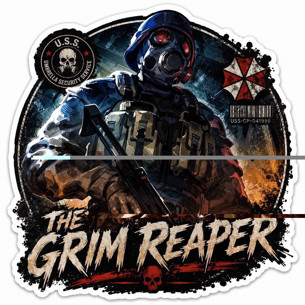 The Grim Reaper- H.U.N.K Inspired Resident Evil Sticker, Black/Red/White 3”